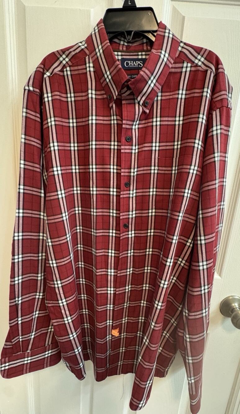Chaps Easy Care Twill XL Red Black Men’s Button Shirt Long Sleeve Cotton Blend